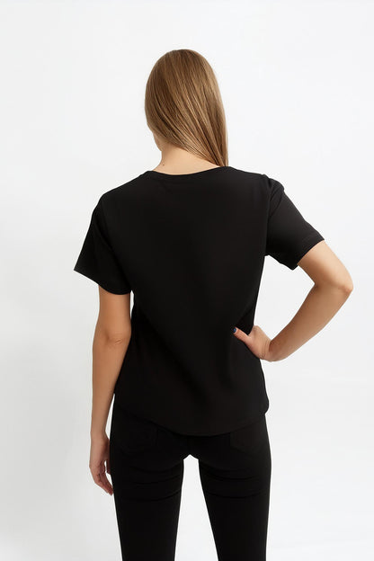 Kadın Basic Siyah Tişört %100 Pamuk Rahat Kalıp Günlük Bisiklet Yaka T-Shirt