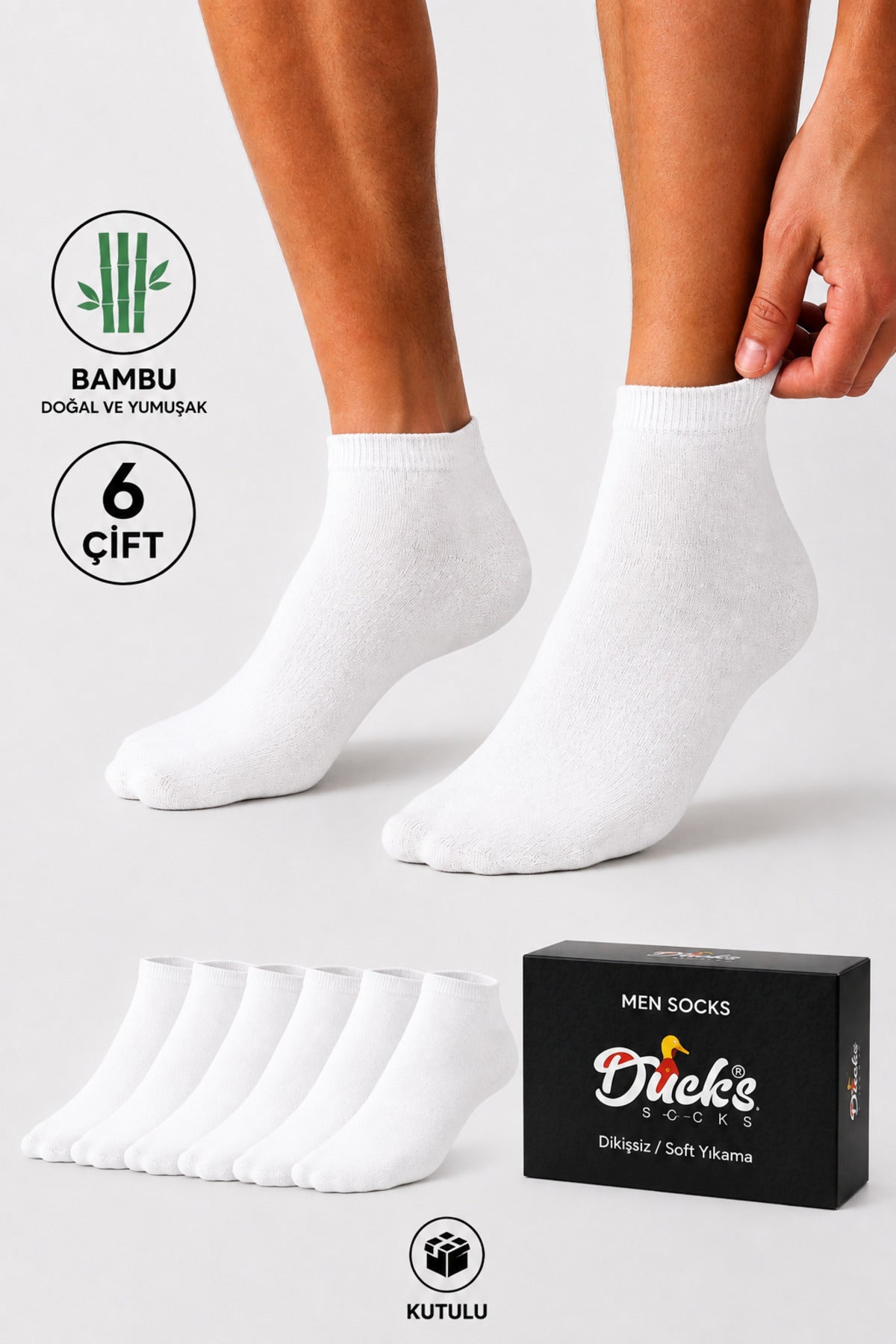 Erkek Beyaz Bambu Patik Kutulu Çorap 6 Çift Dikişsiz Nefes Alabilir Terletmez