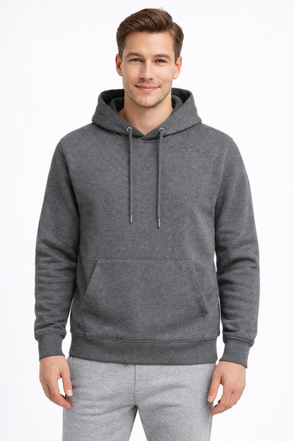Erkek Füme 3 İplik Pamuklu Kapüşonlu Sweatshirt Basic Hoodie Kanguru Cepli