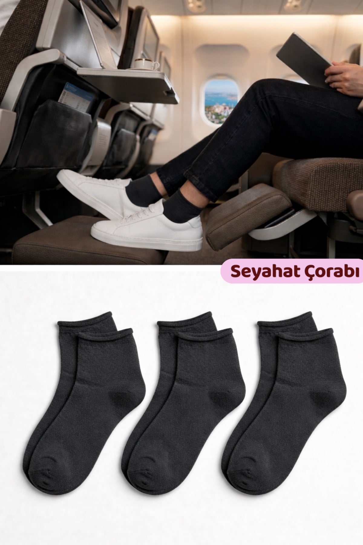 Erkek Füme Lastiksiz Seyahat Çorabı 3’lü Paket Dikişsiz/Premium/Pamuk/Kısa Yolculuk Çorabı