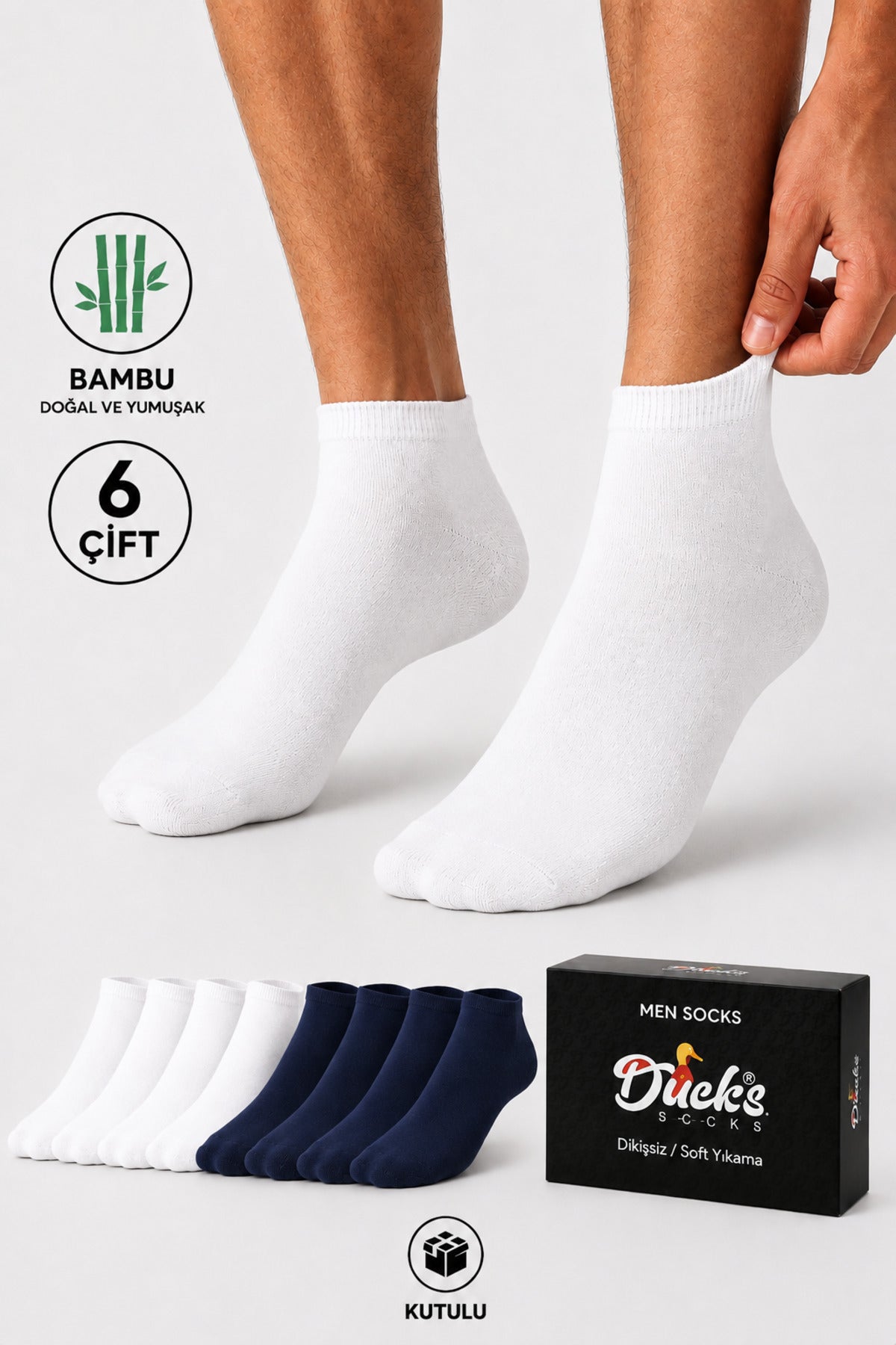 Erkek Bambu Patik Kutulu Çorap Lacivert-Beyaz 6 Çift Dikişsiz Nefes Alabilir Terletmez