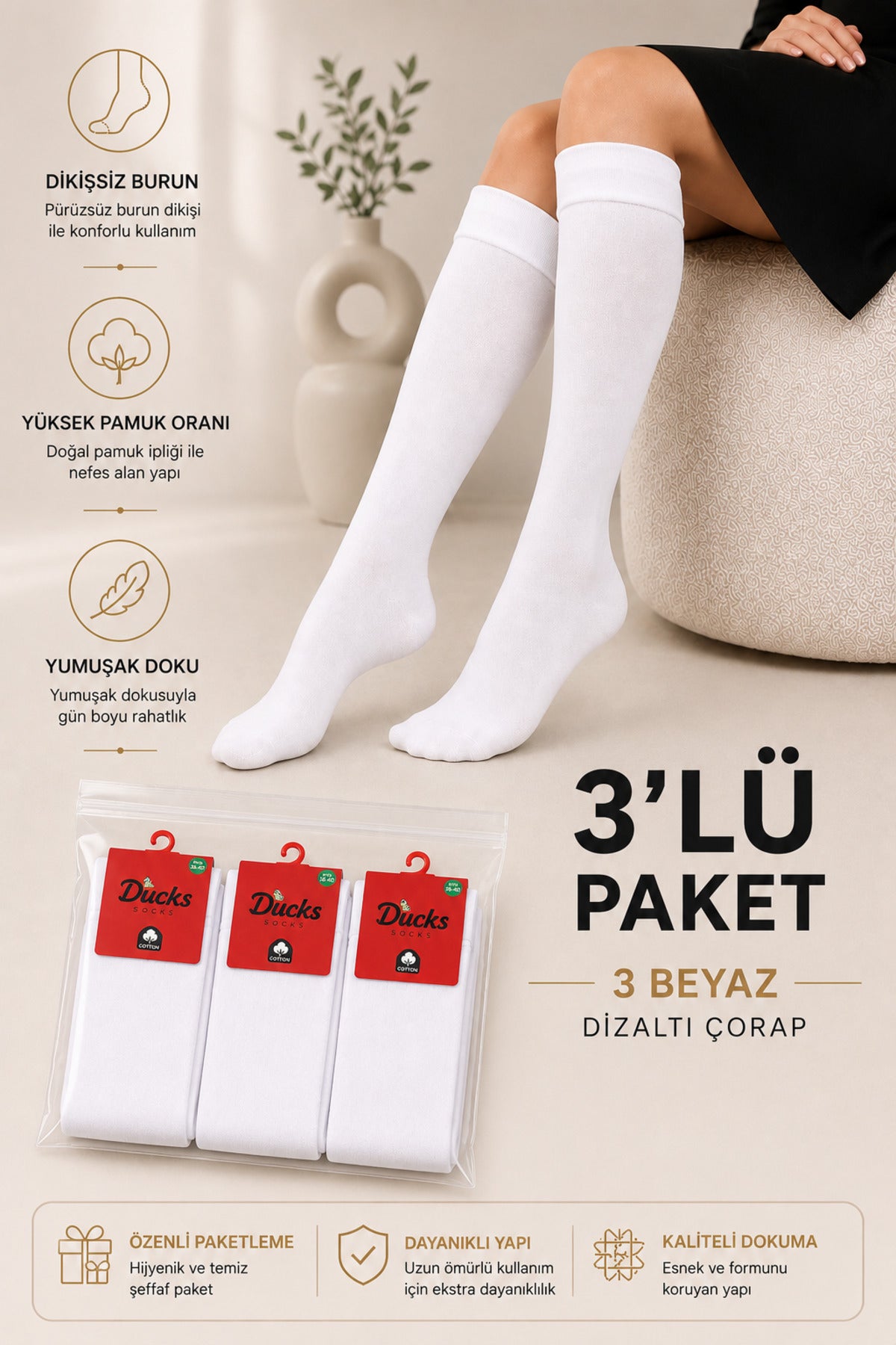 Kadın 3'lü Dizaltı Pamuk Yumuşak Uzun Dikişsiz Çorap / Pantolon Çorabı / Teni Göstermeyen Çorap