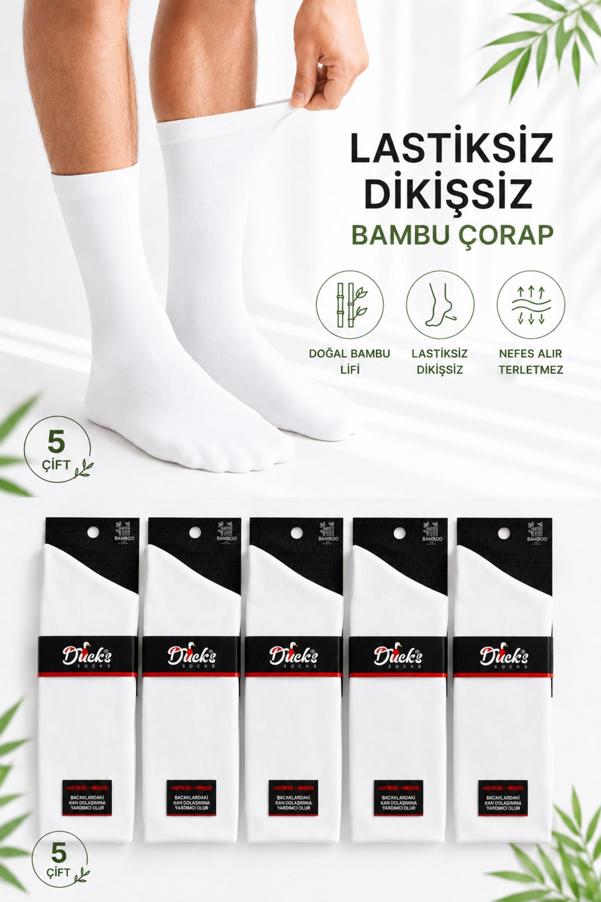 Erkek Beyaz Bambu Lastiksiz Çorap Diyabetik Dostu Dikişsiz Uzun Konç Ayağı Sıkmayan 5'li Set Şeker Erkek Çorap