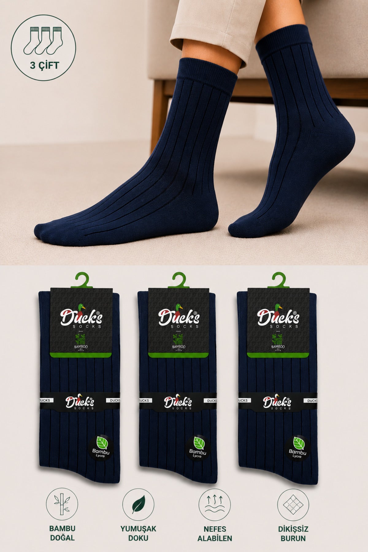 Erkek Lacivert Bambu Dikişsiz Soket Çorap 3'lü Yıkamalı Uzun Konç Çizgili Erkek Çorap