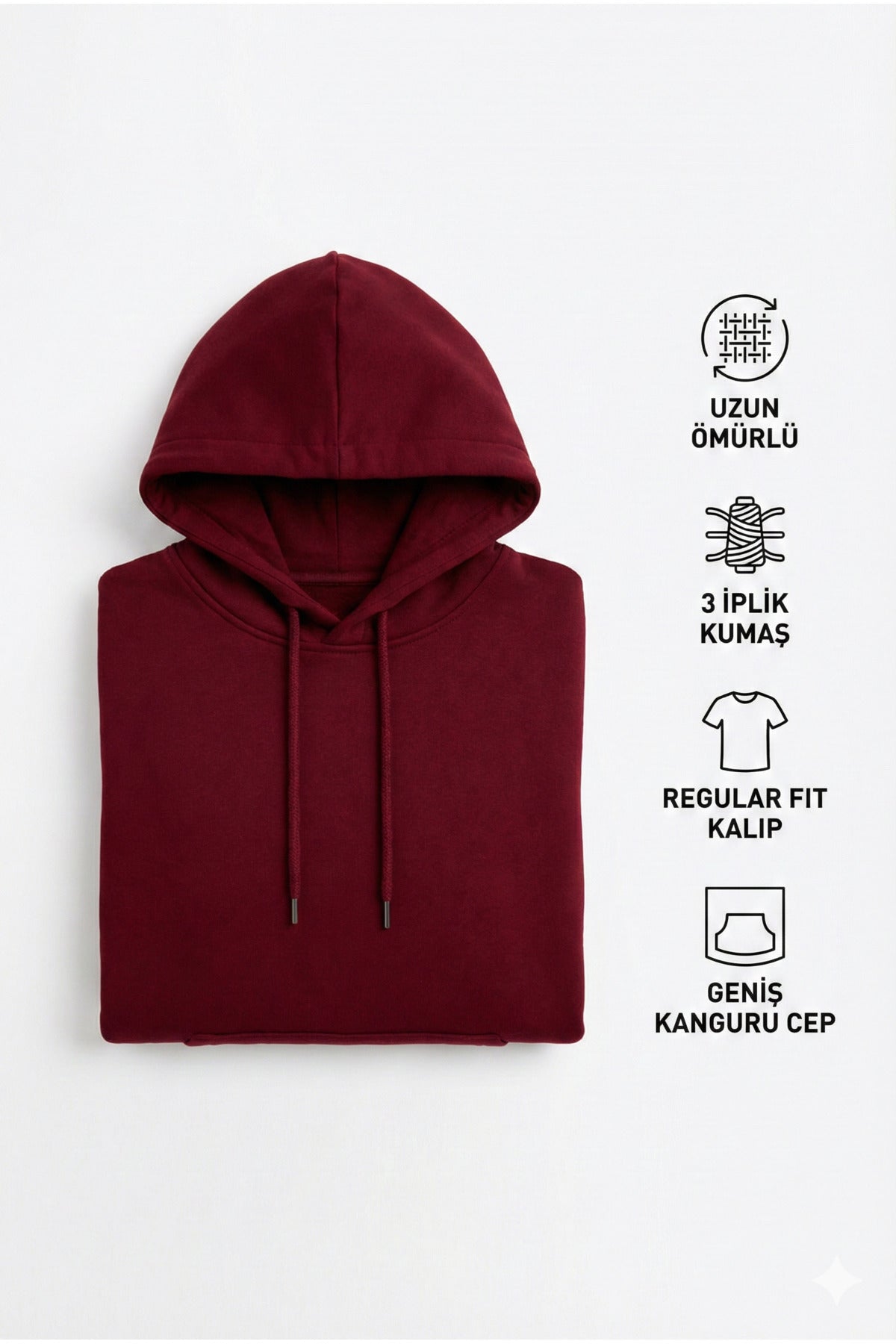 Erkek Bordo 3 İplik Pamuklu Kapüşonlu Sweatshirt Basic Hoodie Kanguru Cepli