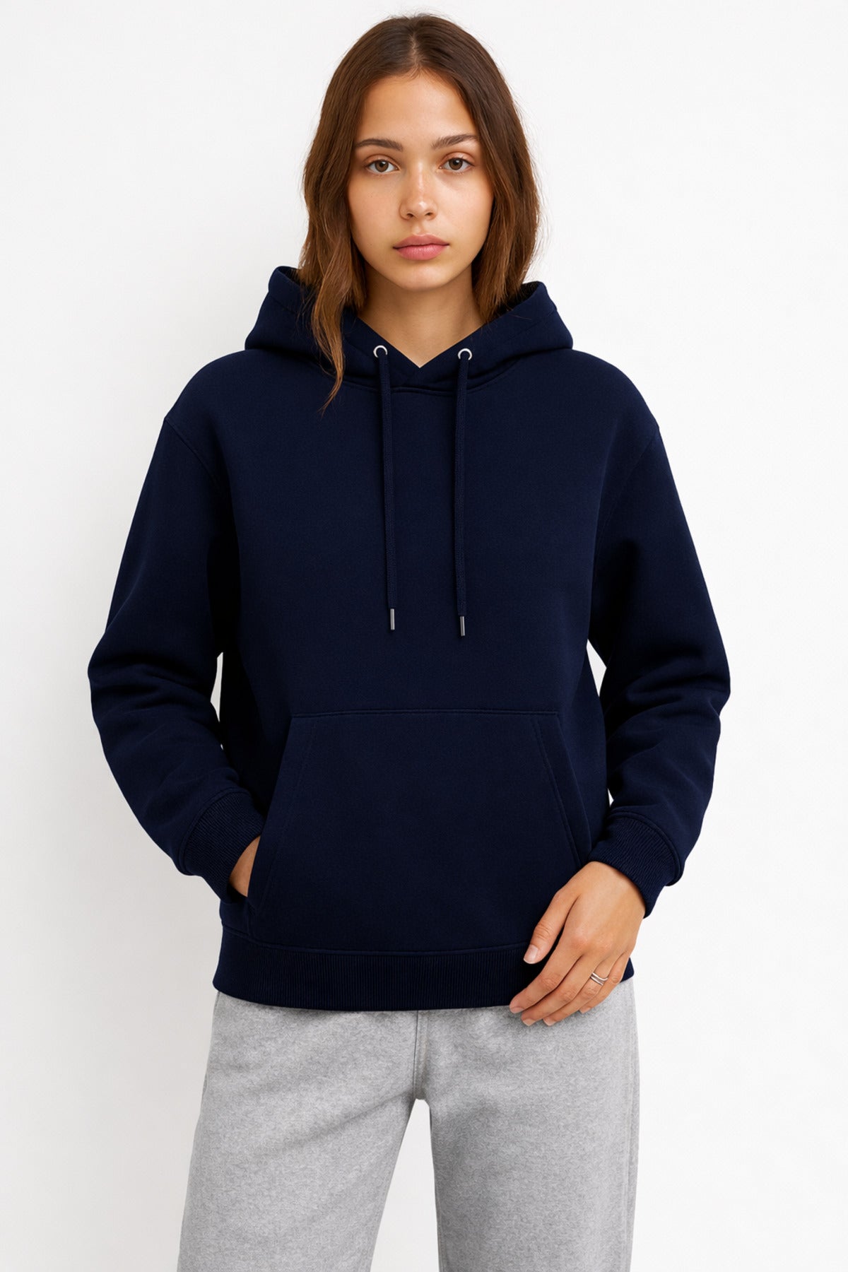 Kadın Lacivert 3 İplik Pamuklu Kapüşonlu Sweatshirt Basic Hoodie Kanguru Cepli