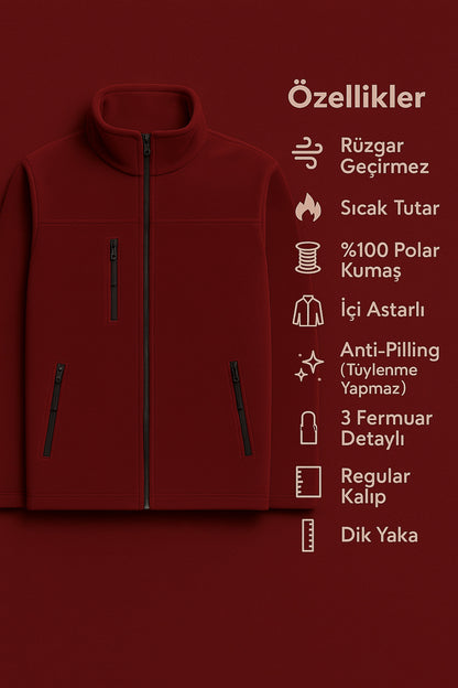 Erkek Anti-pilling Tüylenme Yapmayan Standart Fit Dik Yaka Soğuk Geçirmez Üç Cepli Fermuarlı Polar