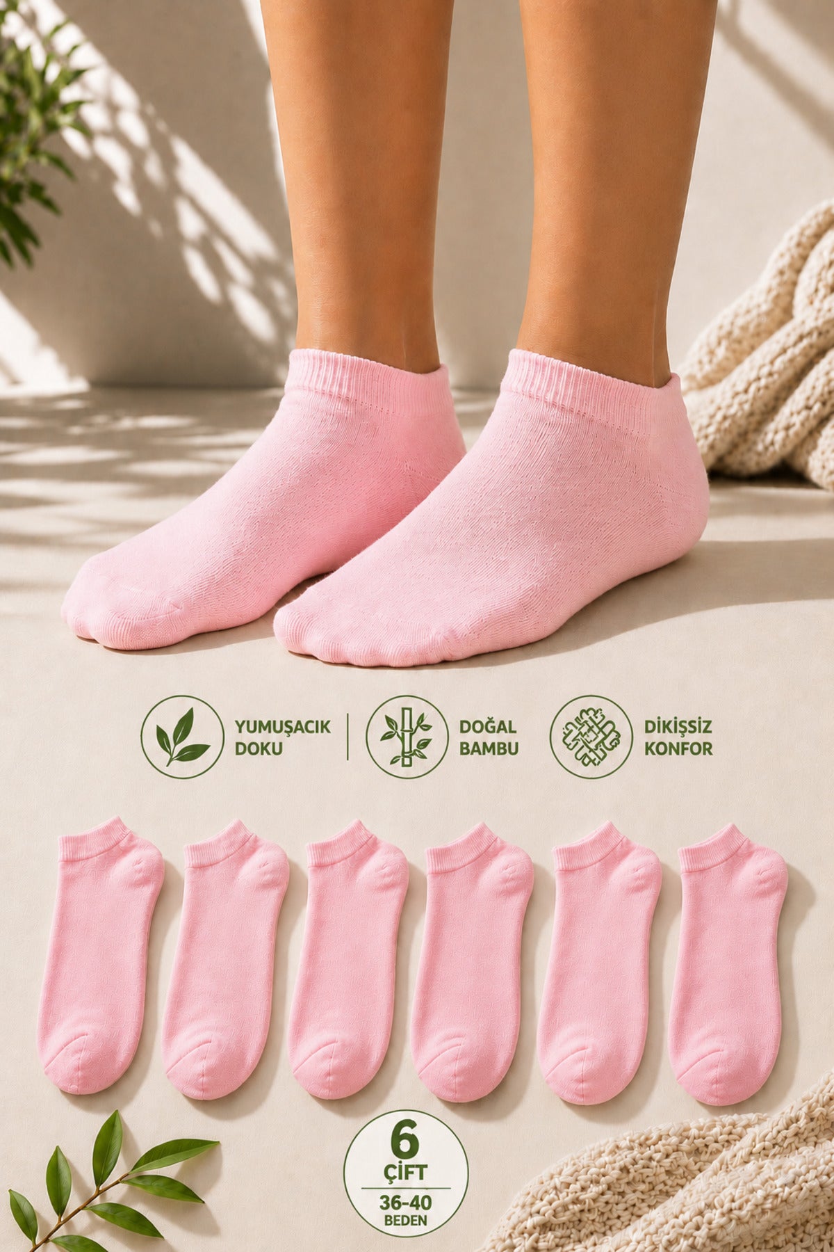 Kadın Pembe 6'lı Bambu Extra Yumuşak Yazlık Dikişsiz Çorap Terletmeyen Soft Çorap