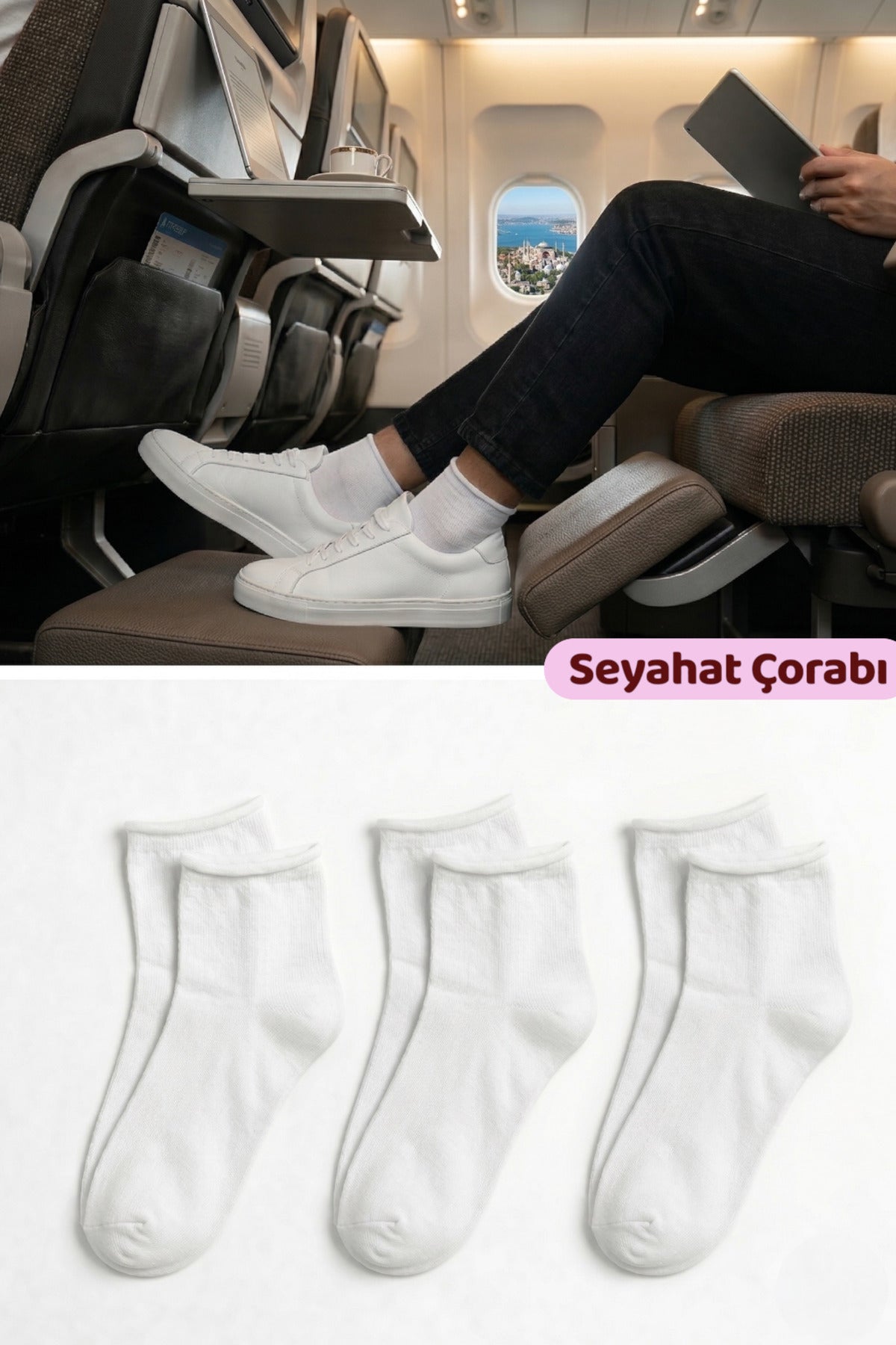 Erkek Beyaz Lastiksiz Seyahat Çorabı 3’lü Paket Dikişsiz/Premium/Pamuk/Kısa Yolculuk Çorabı