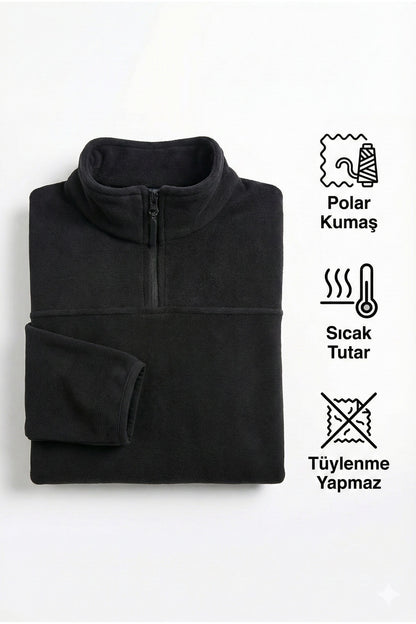 Erkek Siyah Anti-pilling Tüylenme Yapmayan Standart Fit Dik Yaka Cepli Soğuk Geçirmez Polar