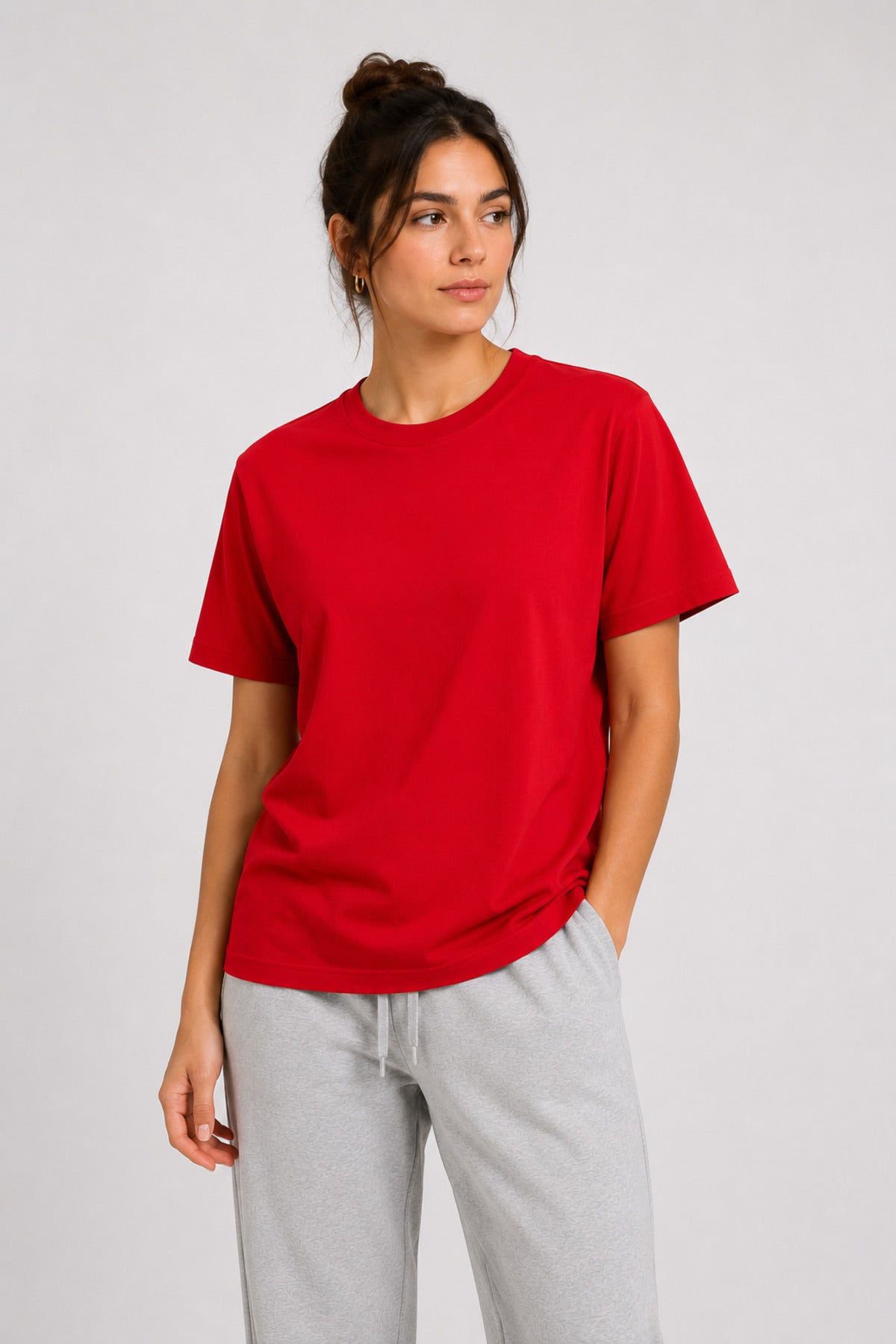 Kadın Basic Kırmızı Tişört %100 Pamuk Rahat Kalıp Günlük Bisiklet Yaka T-Shirt