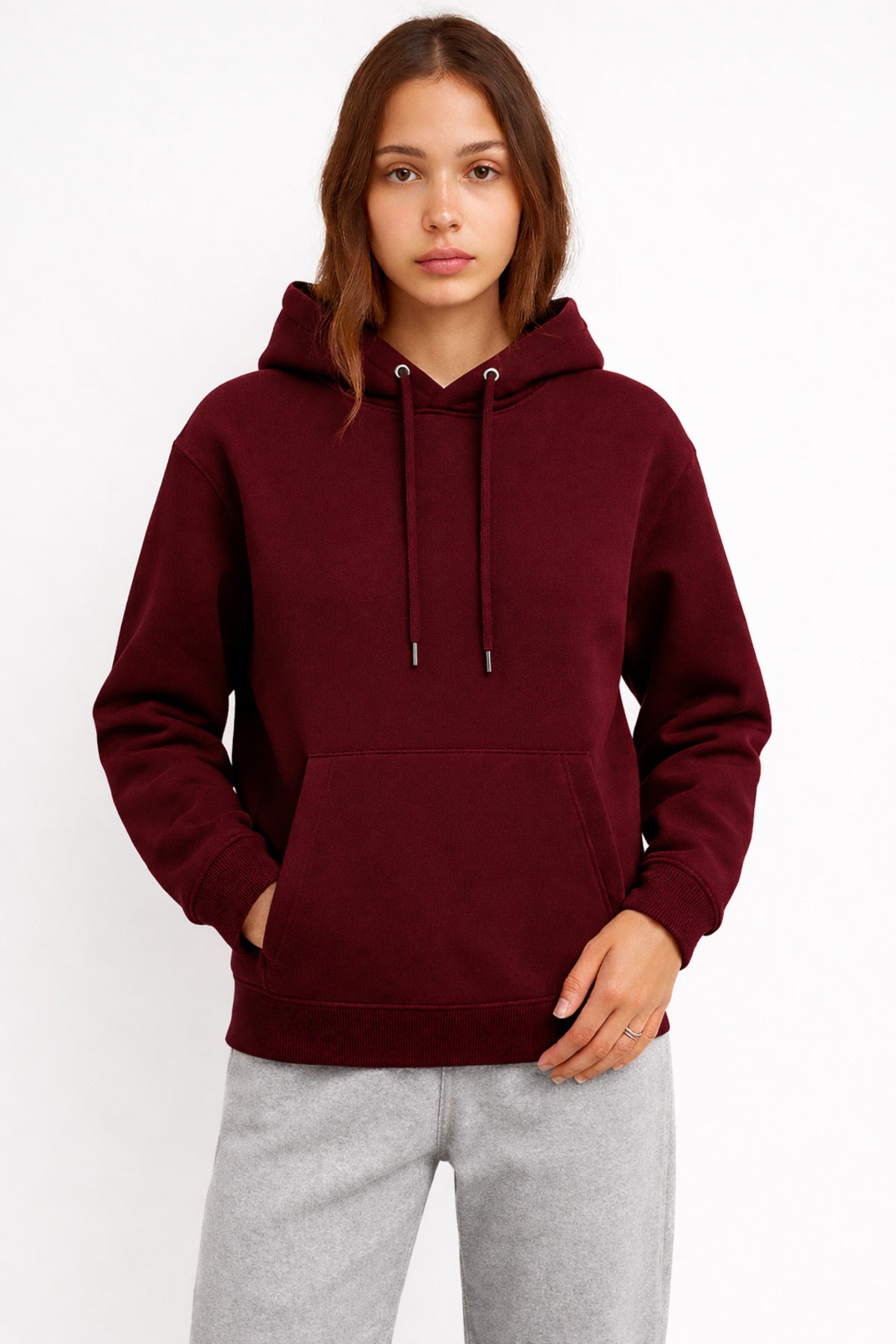 Kadın Bordo 3 İplik Pamuklu Kapüşonlu Sweatshirt Basic Hoodie Kanguru Cepli