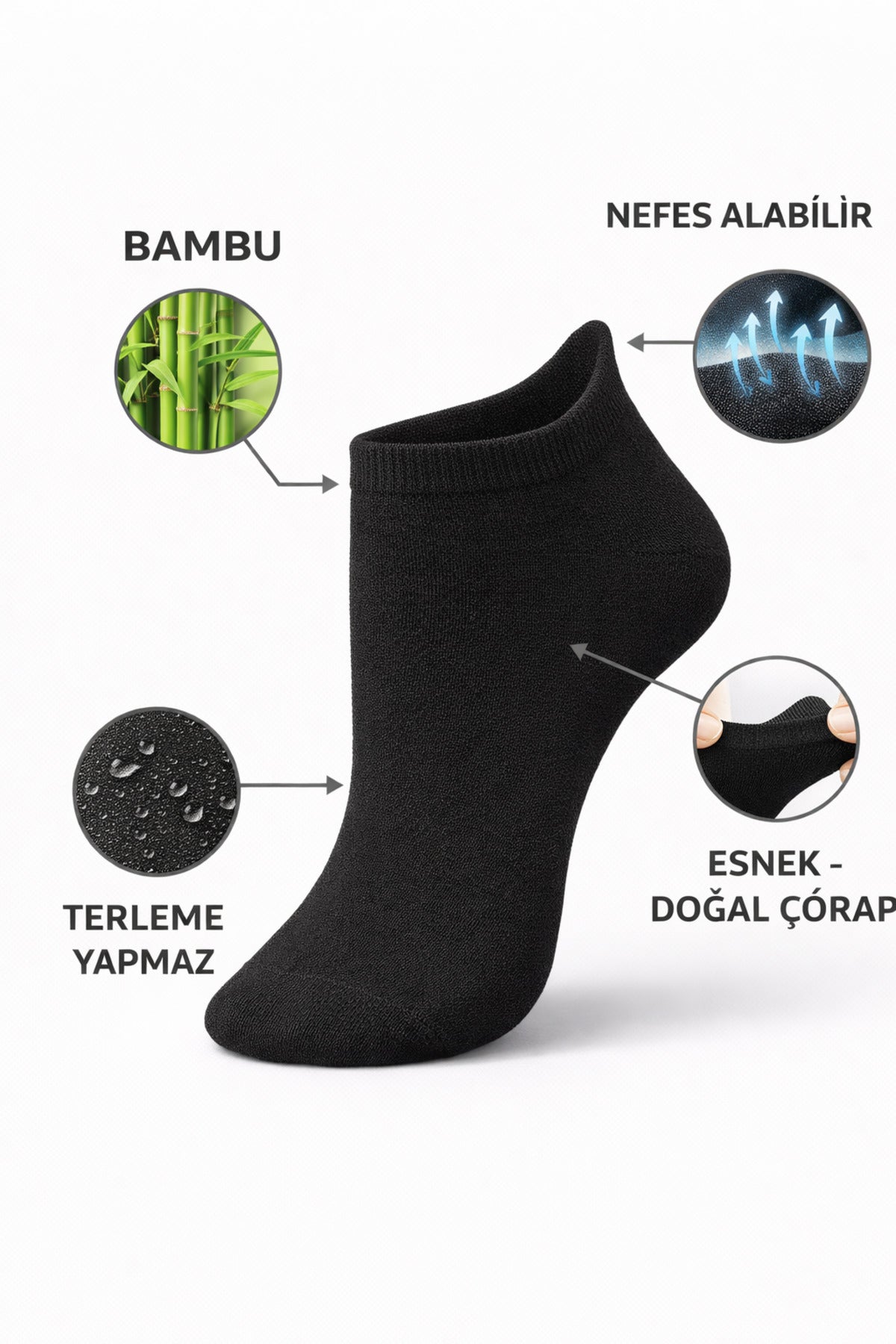 Erkek Siyah Bambu Patik Kutulu Çorap 6 Çift Dikişsiz Nefes Alabilir Terletmez
