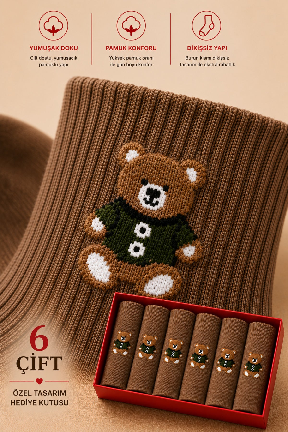 Kadın Kahverengi Teddy Bear Çorap Hediye Kutulu Pamuklu Kısa Konç Ayıcıklı Çorap 6'lı Dikişsiz