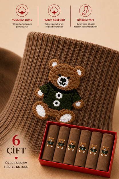 Kadın Kahverengi Teddy Bear Çorap Hediye Kutulu Pamuklu Kısa Konç Ayıcıklı Çorap 6'lı Dikişsiz