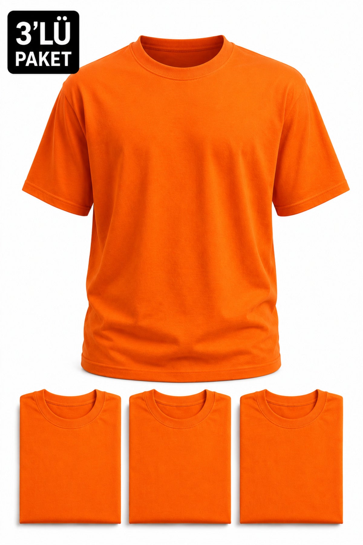 Erkek 3'lü Paket Pamuklu Regular Fit Bisiklet Yaka Günlük Basic Erkek Turuncu Tişört
