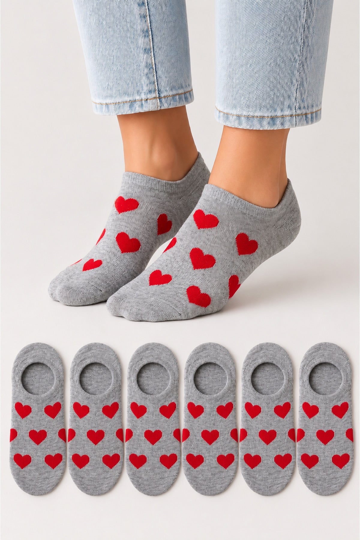 Kadın Dikişsiz Soft Pamuk Kalp Desenli 6'lı Sneakers Çorap
