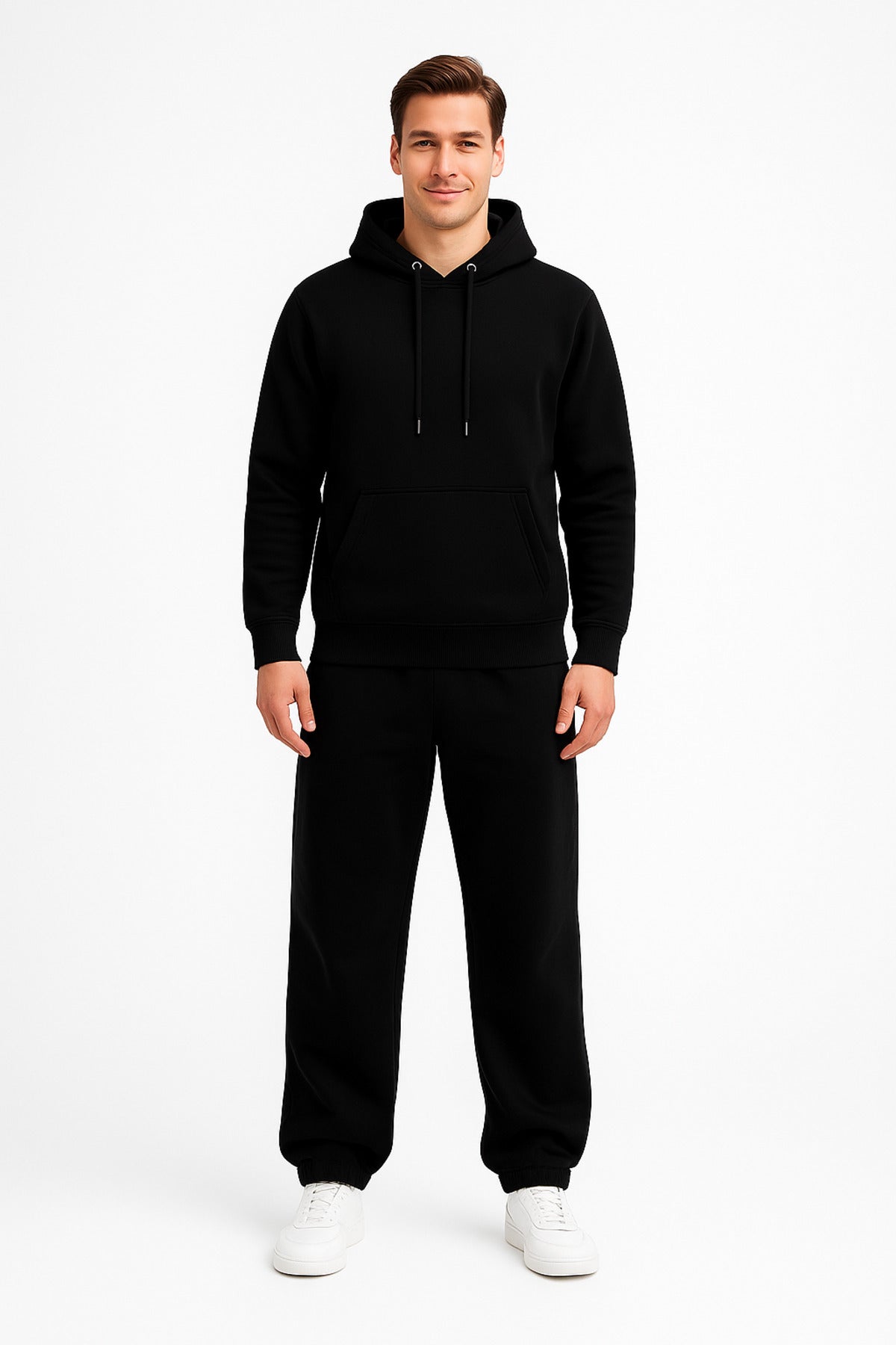 Erkek Siyah 3 İplik Pamuklu Kapüşonlu Sweatshirt Basic Hoodie Kanguru Cepli