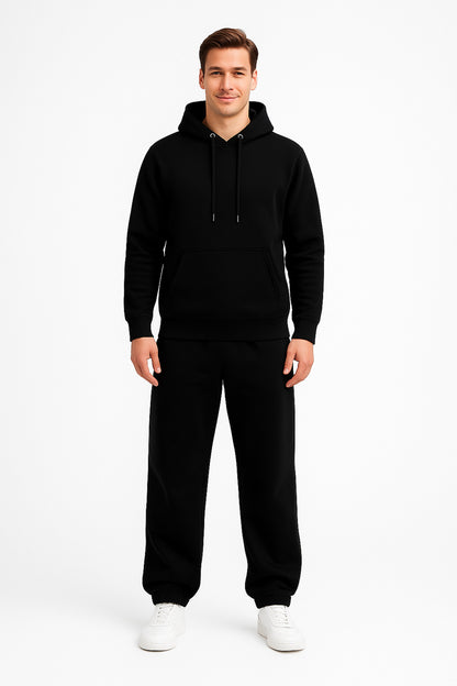 Erkek Siyah 3 İplik Pamuklu Kapüşonlu Sweatshirt Basic Hoodie Kanguru Cepli