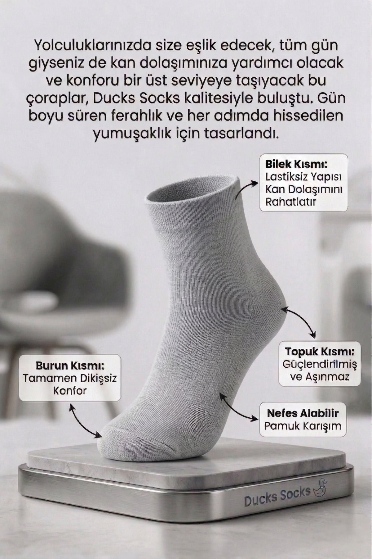 Erkek Gri Lastiksiz Seyahat Çorabı 3’lü Paket Dikişsiz/Premium/Pamuk/Kısa Yolculuk Çorabı