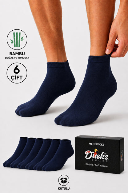 Erkek Lacivert Bambu Patik Kutulu Çorap 6 Çift Dikişsiz Nefes Alabilir Terletmez