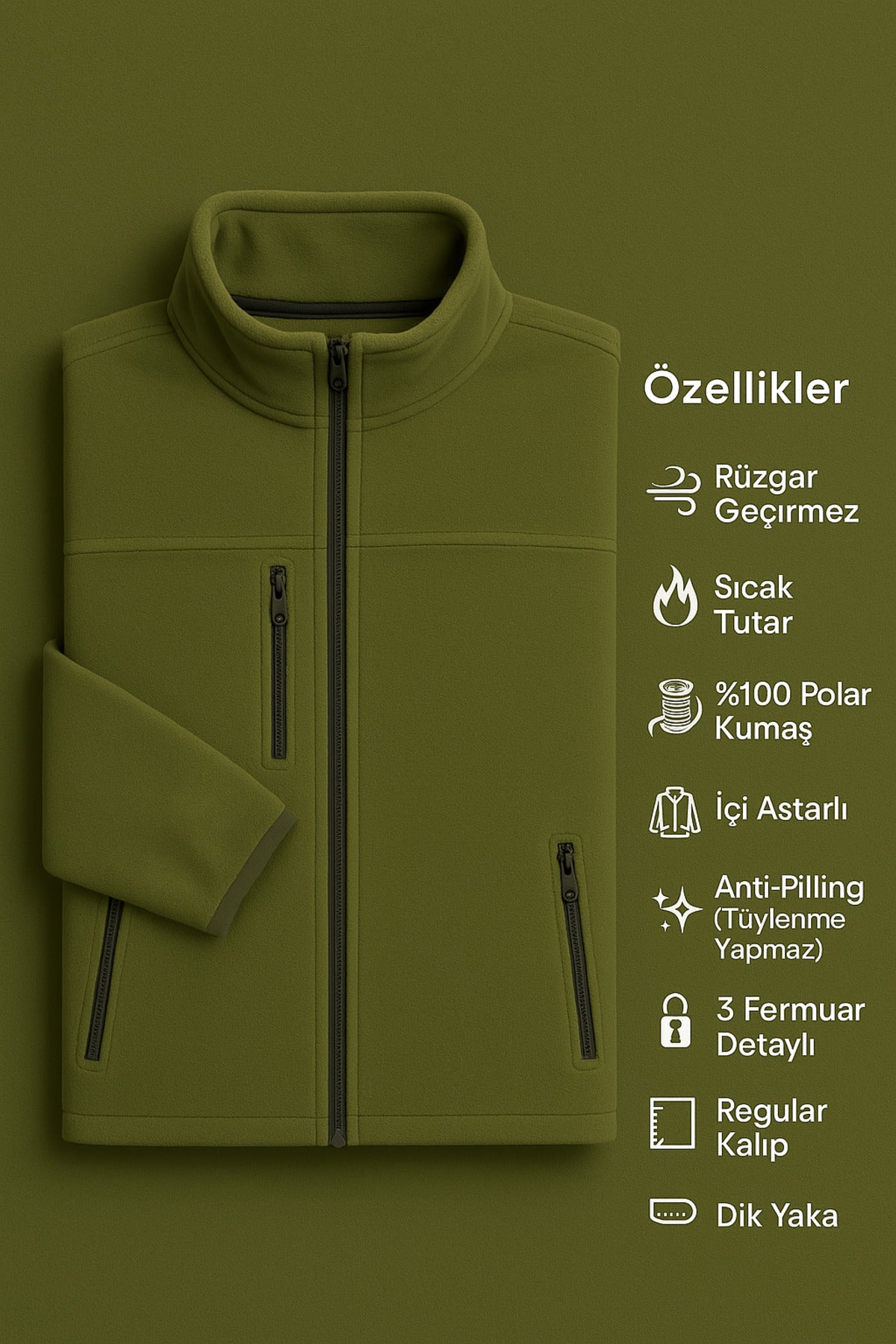 Erkek Anti-pilling Tüylenme Yapmayan Standart Fit Dik Yaka Soğuk Geçirmez Üç Cepli Fermuarlı Polar
