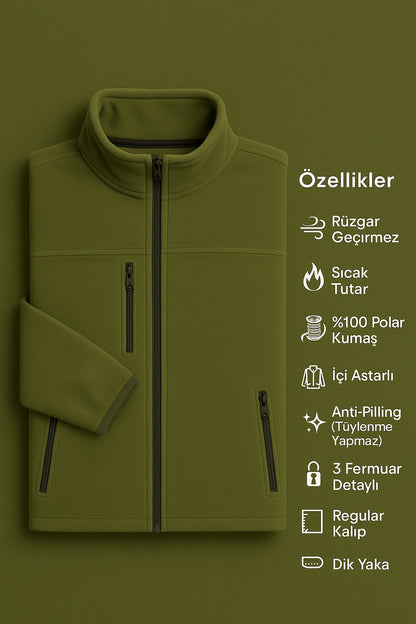 Erkek Anti-pilling Tüylenme Yapmayan Standart Fit Dik Yaka Soğuk Geçirmez Üç Cepli Fermuarlı Polar