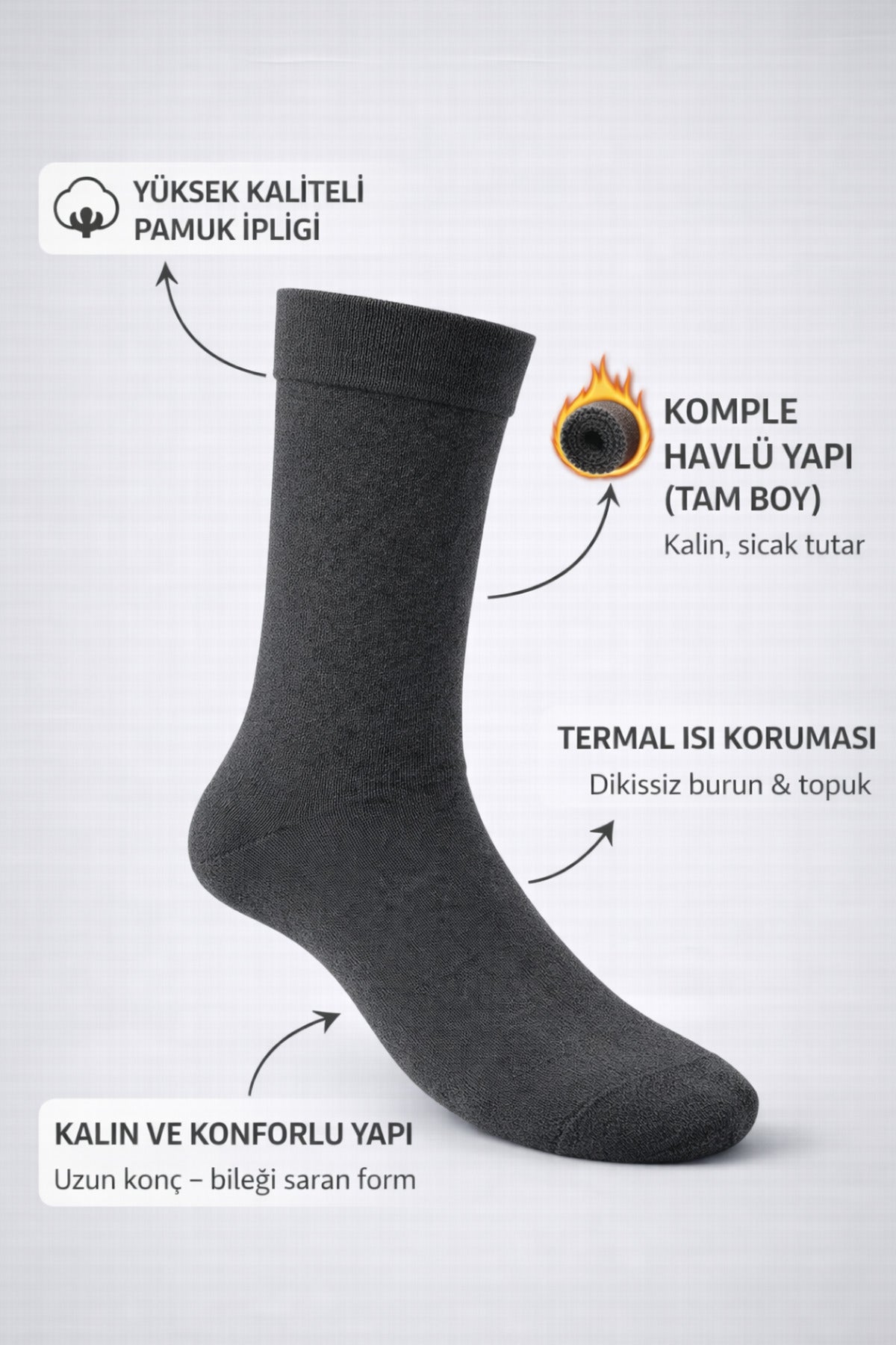 Ducks Socks Füme Erkek 3'lü Dikişsiz Isı Koruyucu Termal Kışlık Havlu Çorap