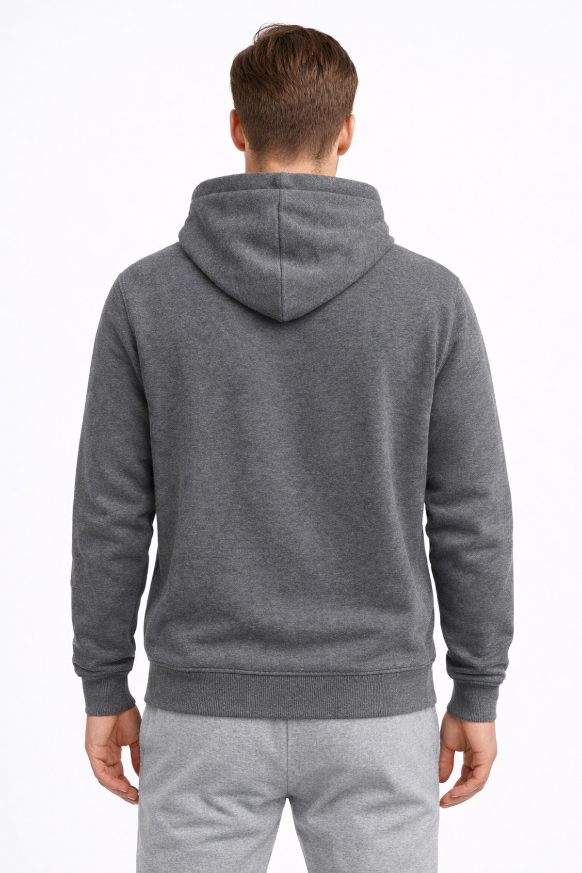 Erkek Füme 3 İplik Pamuklu Kapüşonlu Sweatshirt Basic Hoodie Kanguru Cepli