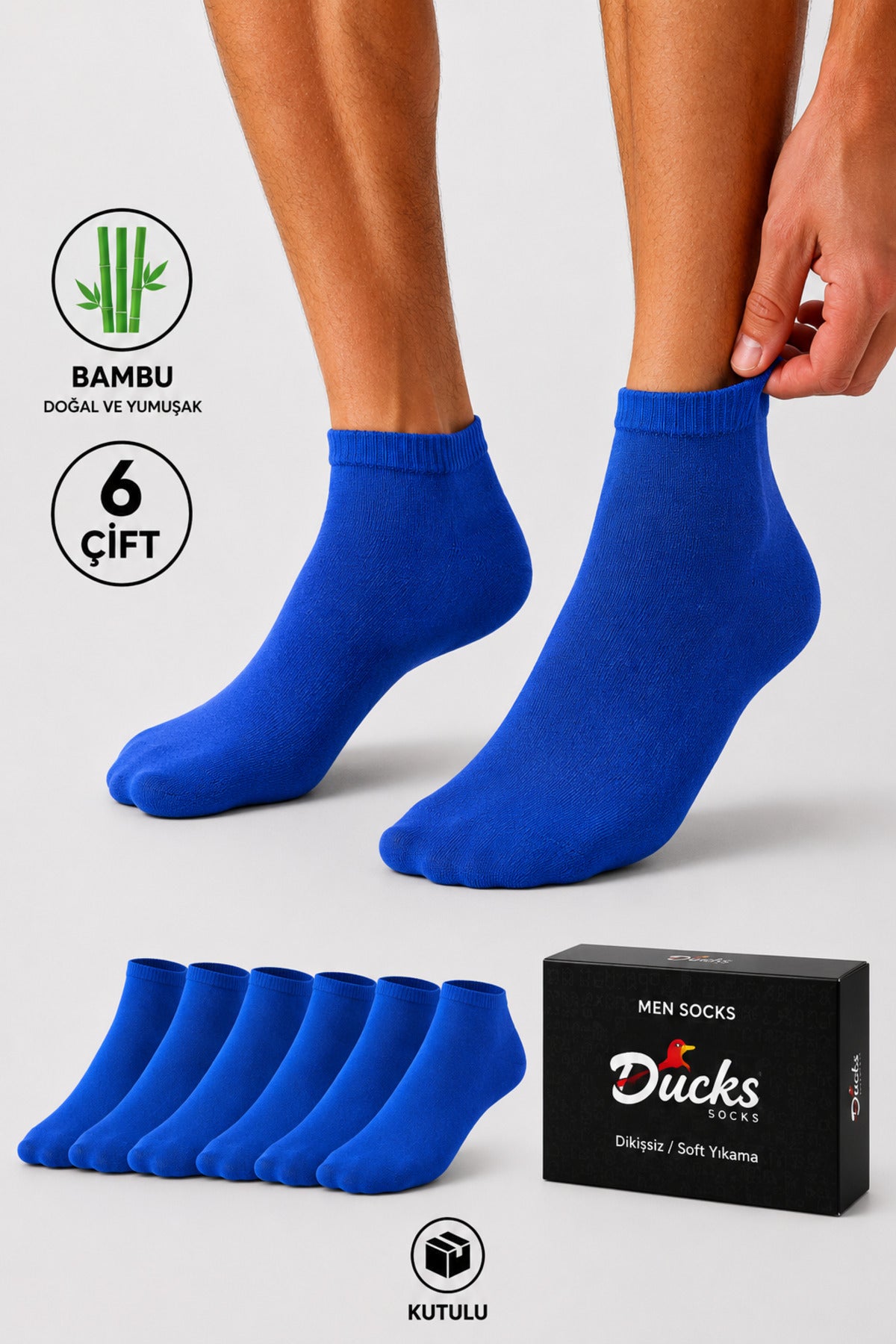Erkek Mavi Bambu Patik Kutulu Çorap 6 Çift Dikişsiz Nefes Alabilir Terletmez