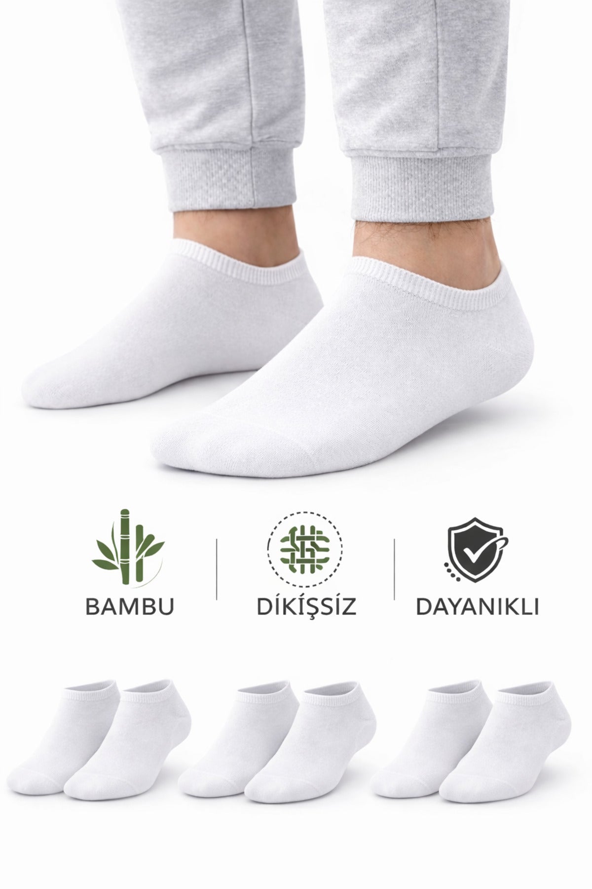 Erkek Beyaz Bambu Dikişsiz Sneaker Çorap Dayanıklı 3 Çift Terletmez Günlük