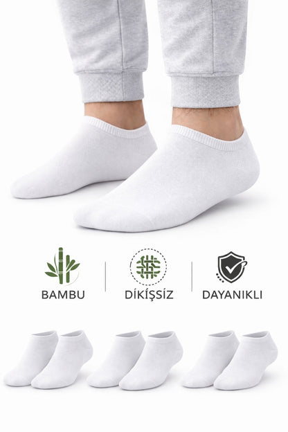 Erkek Beyaz Bambu Dikişsiz Sneaker Çorap Dayanıklı 3 Çift Terletmez Günlük