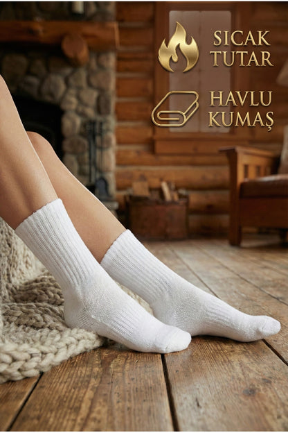 Kadın Beyaz 6'lı Termal Pamuklu Taban Altı Havlu Uzun Konç Premium Kutulu Çorap