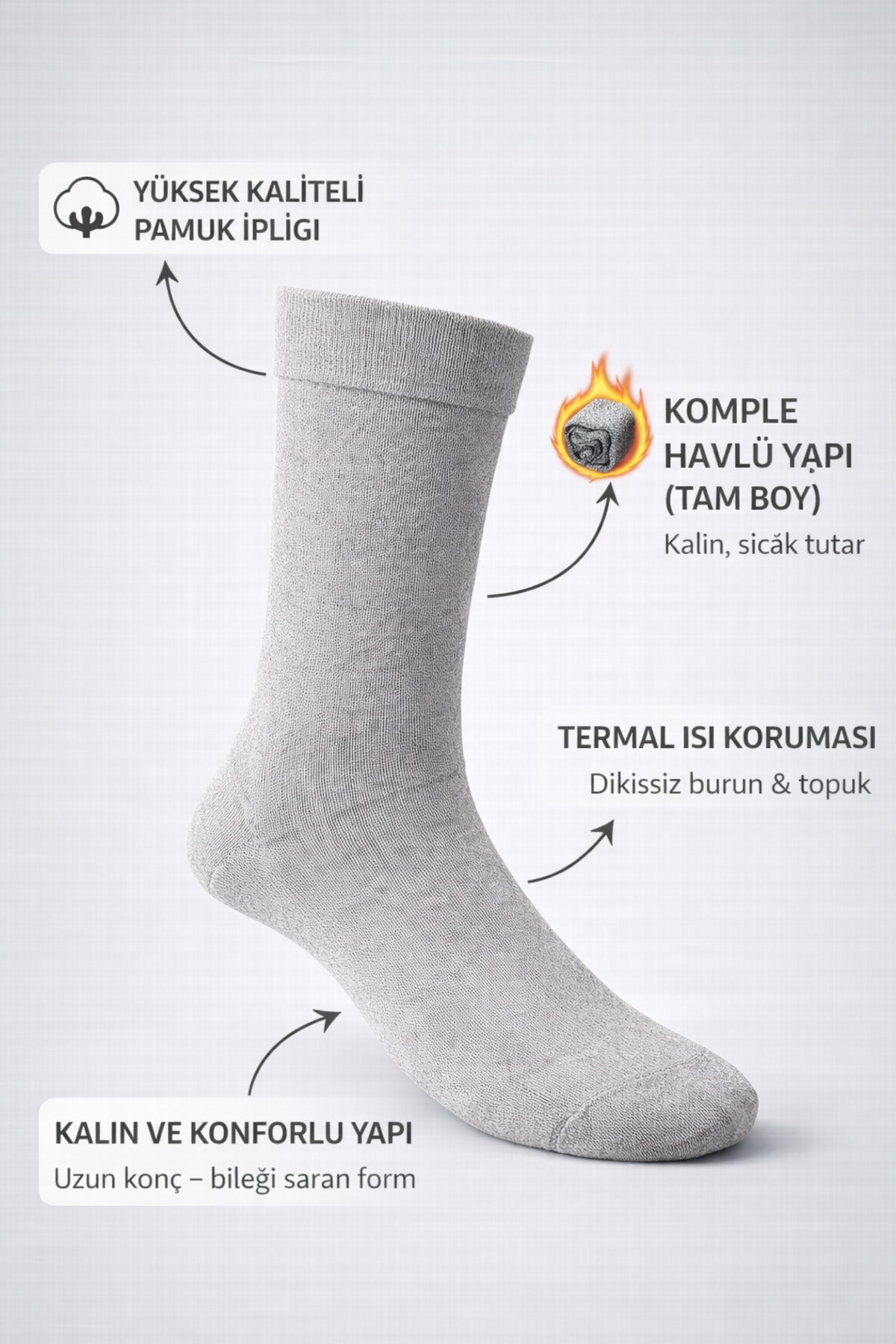 Ducks Socks Gri Erkek 3'lü Dikişsiz Isı Koruyucu Termal Kışlık Havlu Çorap