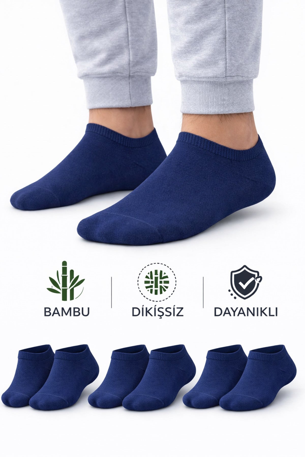 Erkek Lacivert Bambu Dikişsiz Sneaker Çorap Dayanıklı 3 Çift Terletmez Günlük