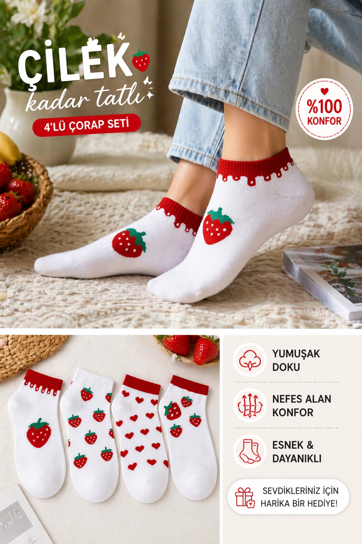 Pamuklu Dikişsiz 4'lü Çilek Desenli Kadın Çorap