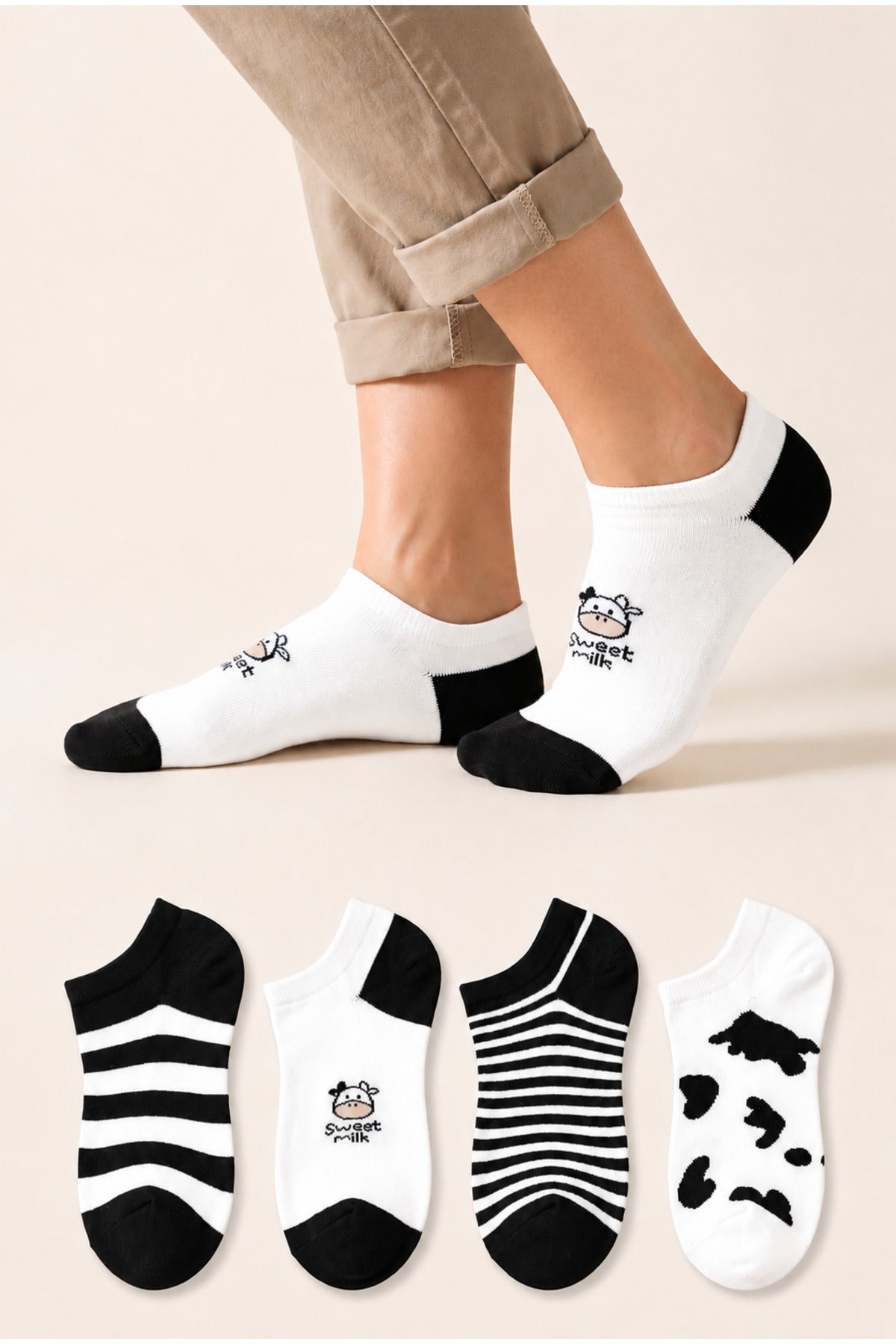 Kadın Pamuklu Dikişsiz 4'lü Desenli Sneakers Çorap