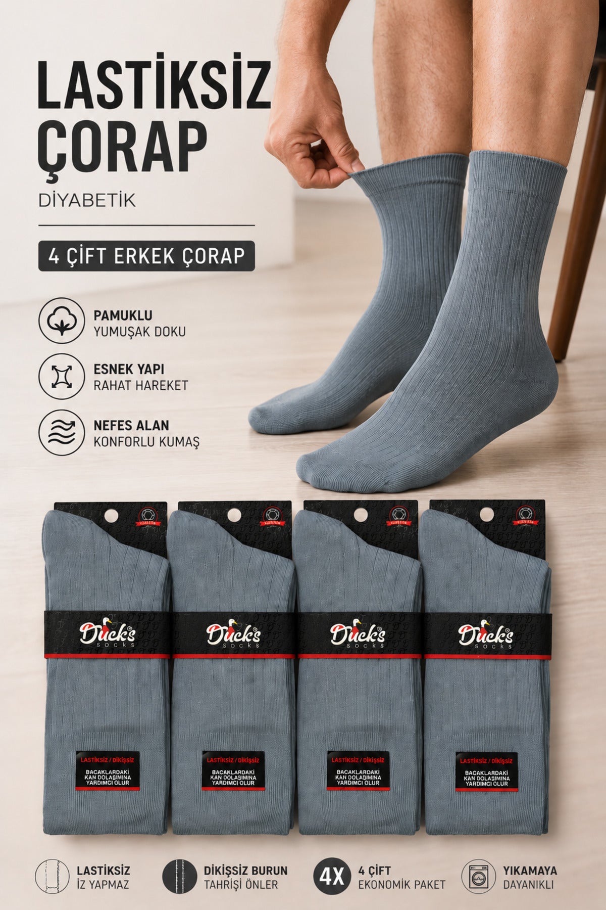 Erkek Gri Lastiksiz Çorap Diyabetik Dostu Çizgili Dikişsiz Uzun Konç Pamuklu Ayağı Sıkmayan 4'lü Set Derbili Erkek Çorap