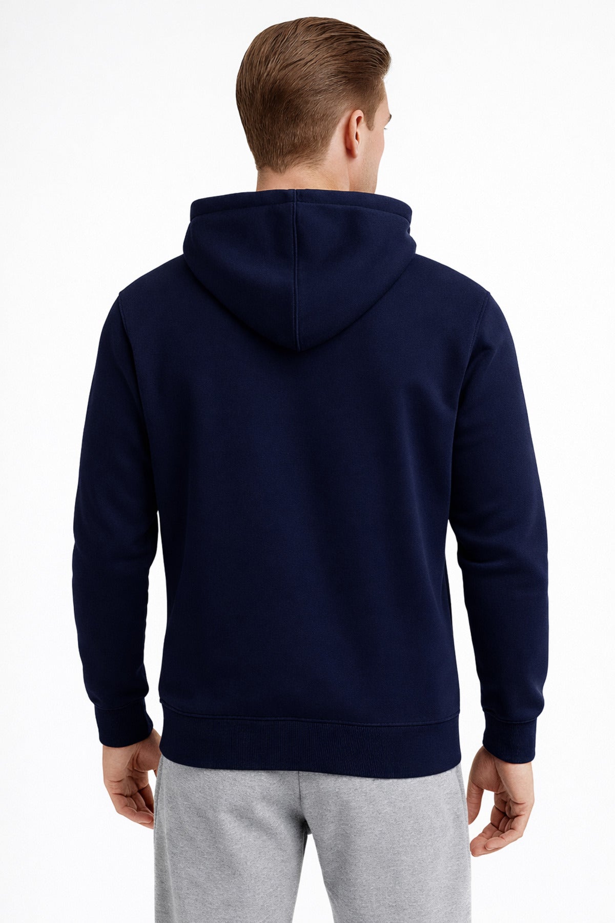 Erkek Lacivert 3 İplik Pamuklu Kapüşonlu Sweatshirt Basic Hoodie Kanguru Cepli