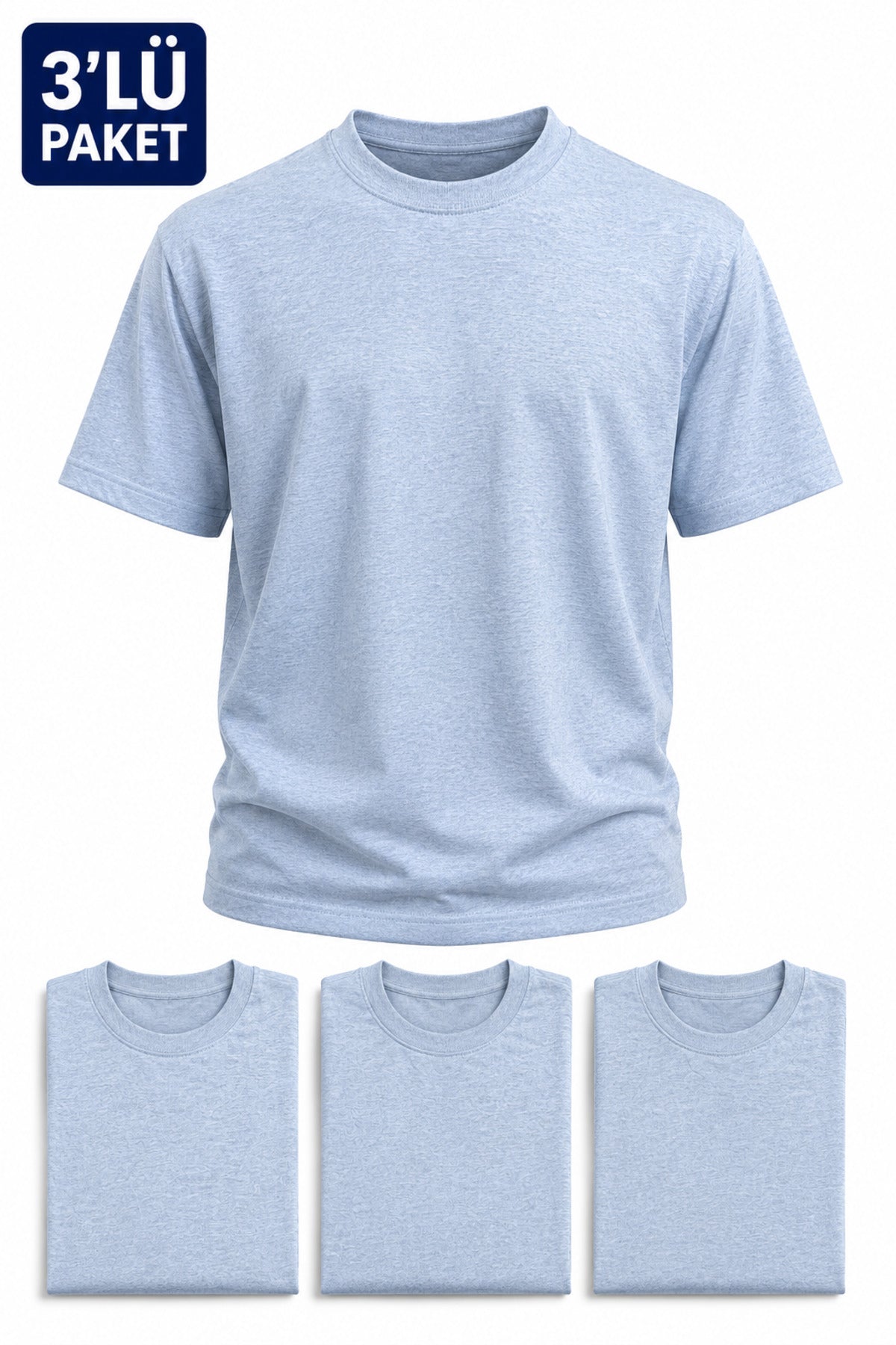 Erkek 3'lü Paket Pamuklu Regular Fit Bisiklet Yaka Günlük Basic Erkek Bebe Mavi Tişört