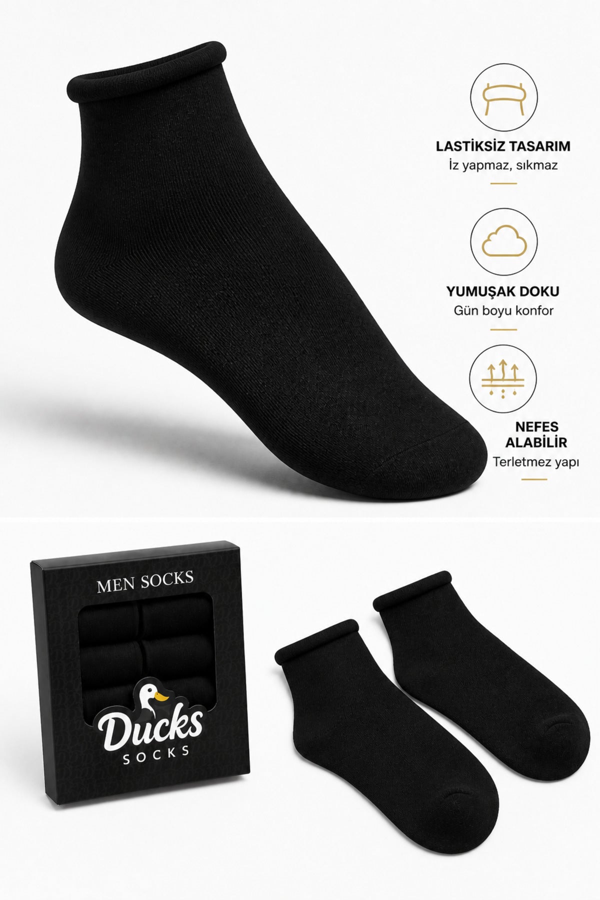 Ducks Socks Erkek Siyah 6'lı Pamuklu Kutulu Lastiksiz Çorap Diyabetik Dostu Siyah Dikişsiz Esnek Kısa Konç Sıkmayan Çorap