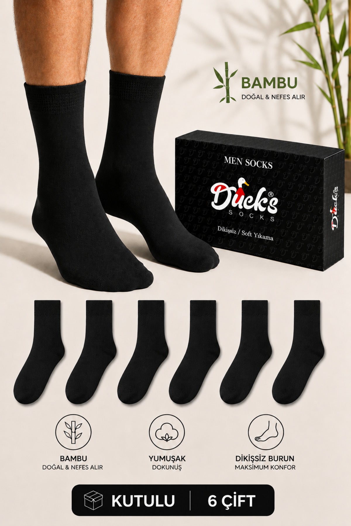 Erkek Siyah Bambu Çorap 6'lı Kutulu Dikişsiz Uzun Konç Yıkamalı