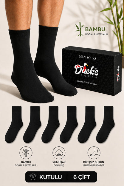 Erkek Siyah Bambu Çorap 6'lı Kutulu Dikişsiz Uzun Konç Yıkamalı