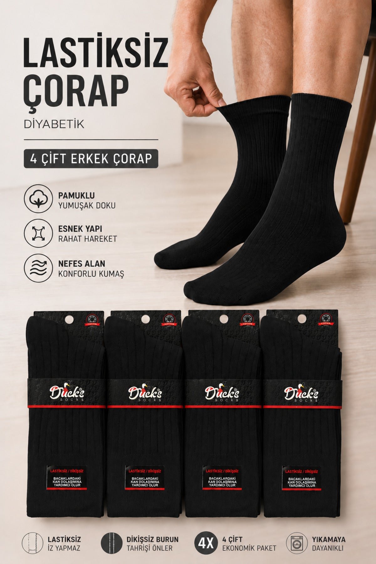 Erkek Siyah Lastiksiz Çorap Diyabetik Dostu Çizgili Dikişsiz Uzun Konç Pamuklu Ayağı Sıkmayan 4'lü Set Derbili Erkek Çorap