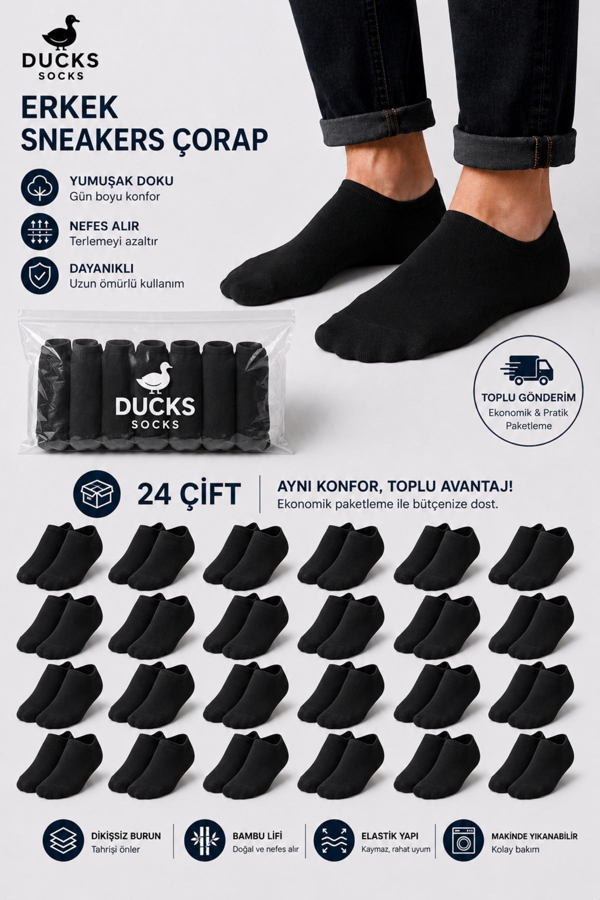 Erkek Bambu 24'lü Set Dikişsiz Yıkamalı Sneakers Çorap