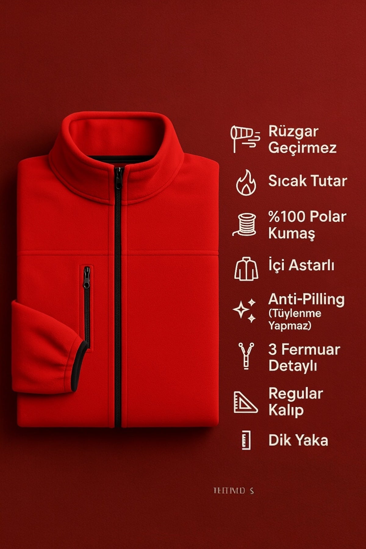 Kadın Kırmızı Anti-pilling Tüylenme Yapmayan Standart Fit Dik Yaka Soğuk Geçirmez Polar