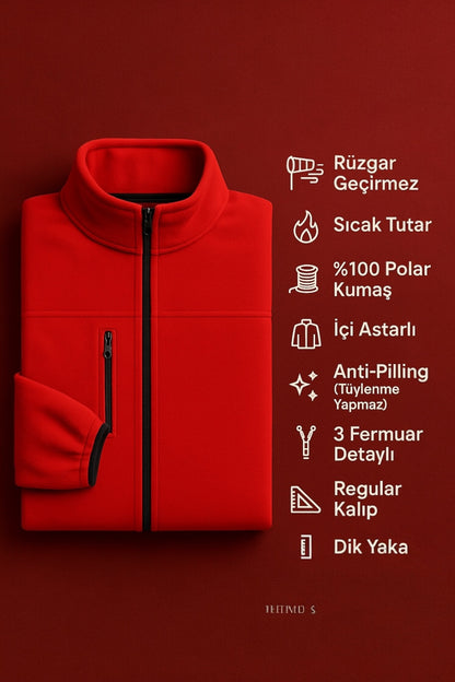Kadın Kırmızı Anti-pilling Tüylenme Yapmayan Standart Fit Dik Yaka Soğuk Geçirmez Polar