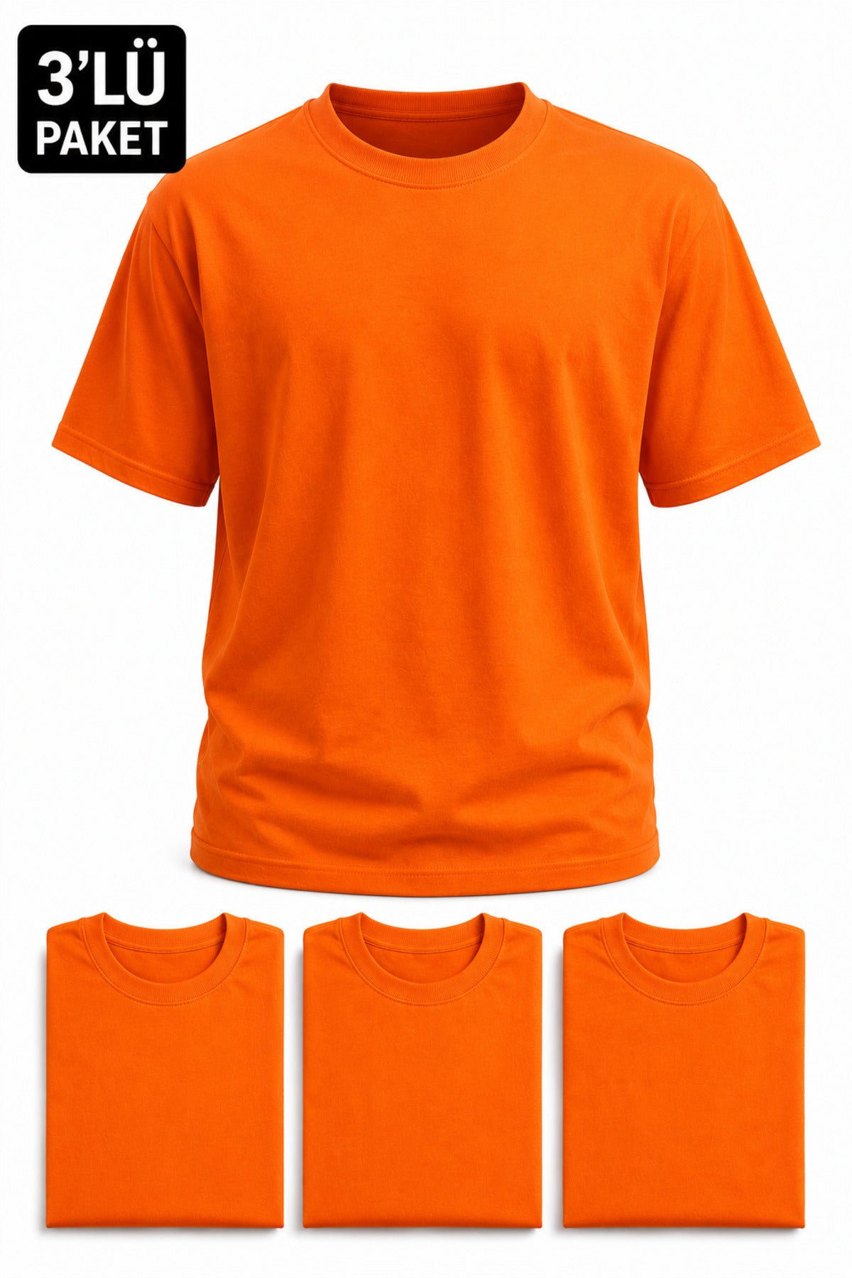 Erkek 3'lü Paket Pamuklu Regular Fit Bisiklet Yaka Günlük Basic Erkek Turuncu Tişört
