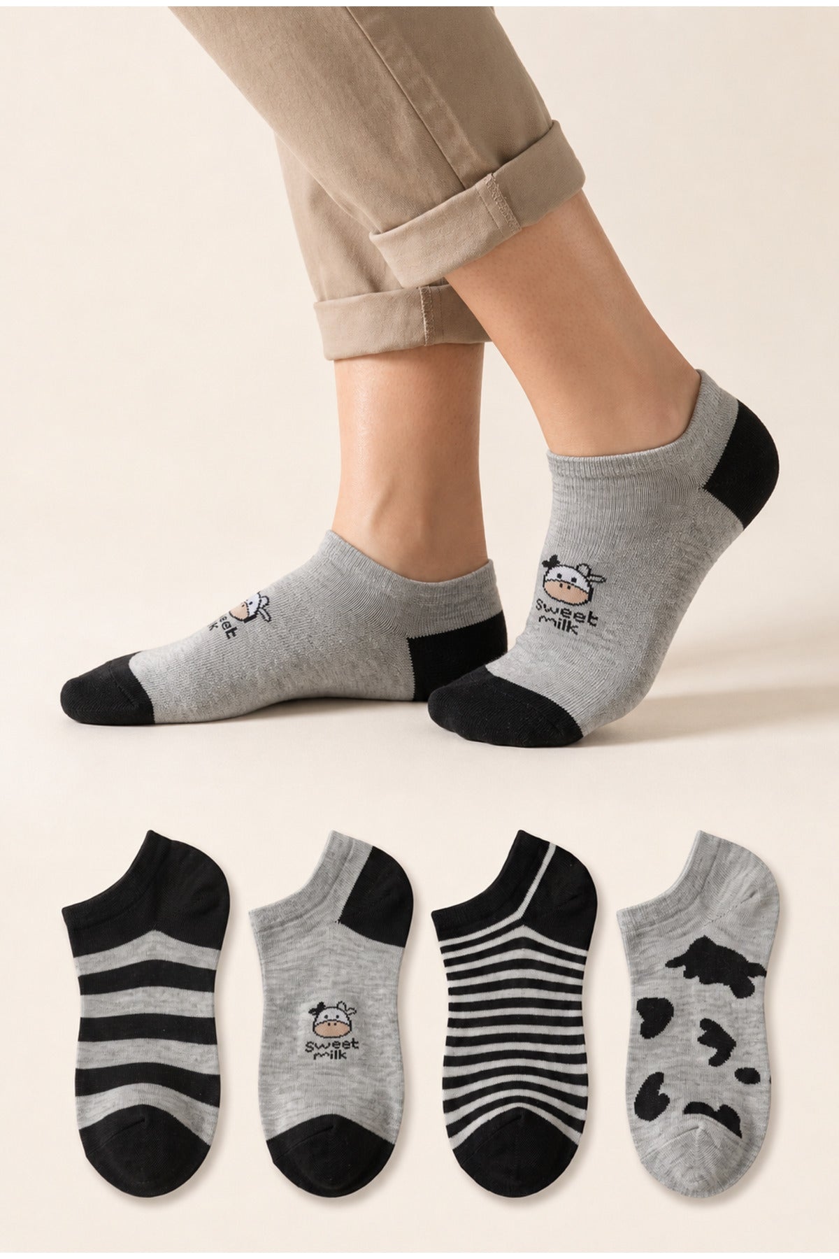 Kadın Pamuklu Dikişsiz 4'lü Desenli Sneakers Çorap