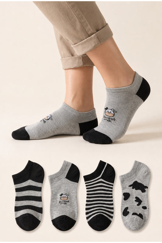 Kadın Pamuklu Dikişsiz 4'lü Desenli Sneakers Çorap